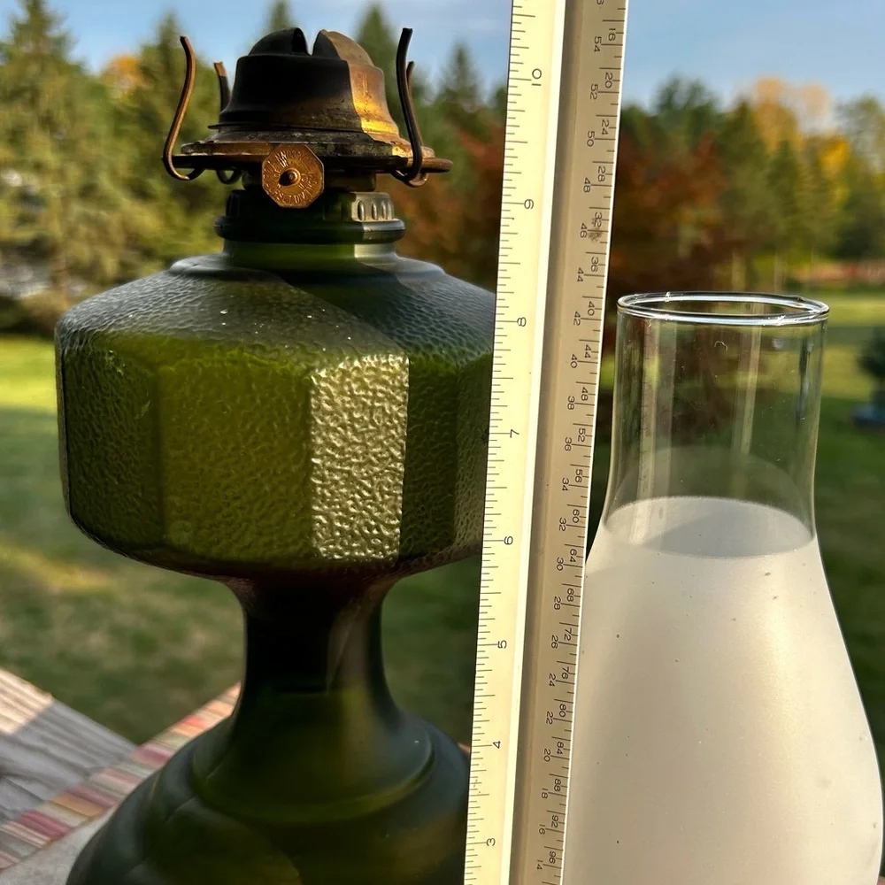 Vintage P & A Risdon Green Glass Oil Lamp Base With Burner And Chimney - Picture 2 of 13